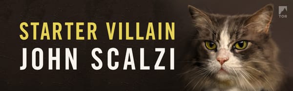 Banner crop of the US book cover. A handsome cat beside Starter Villain - John Scalzi.